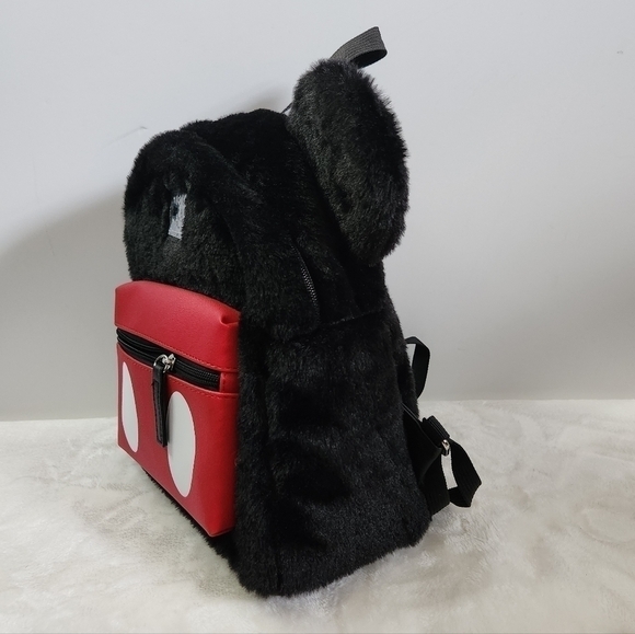 Disney Bioworld Mickey Mouse Black Red Faux Fur Faux Leather Mini Backback NWT - Picture 4 of 14